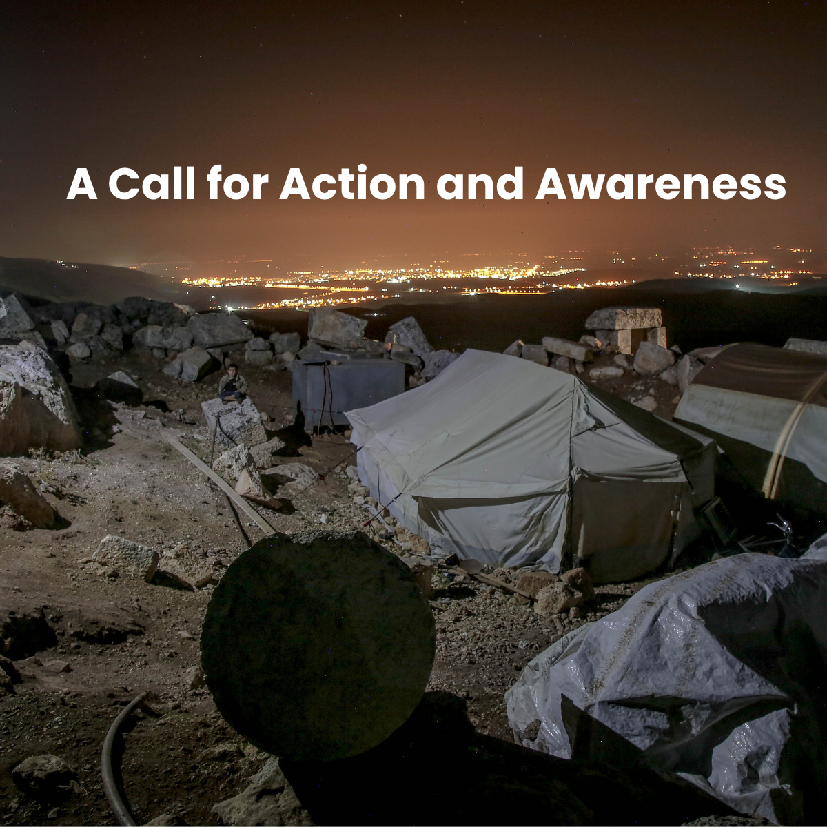 The image of refugee tents overlooking a city at night is meant to remind us of forgotten conflicts.